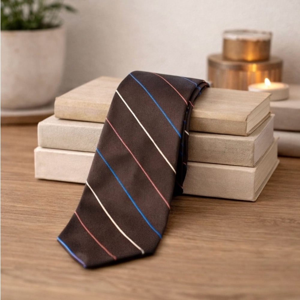 Vintage Wembley Men's Striped Tie Necktie Dark Chocolate Brown Polyester